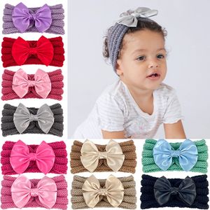 Bandeau neuf en laine tricotée pour bébé automne hiver filles satin bow arc bandeau élastique bandes de cheveux enfants accessoires de cheveux