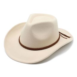 Nouveau chapeau melon en laine Jazz Fedoras hommes femmes bord roulé chapeau de Cowboy occidental tressé corde de café décor Panama casquette en feutre d'équitation