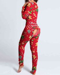 Nieuwjaar Kerstmis Functional Button Slap Cartoon Gedrukt Volwassenen Pyjama Suit Dames Nachtkleding Afneembare Jumpsuits 210415