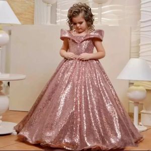 Nieuwjaar Rose Gouden Pailletten Bloemenmeisjes Jurken voor Bruiloft Off-shoulder Kapmouwtjes Eerste communiejurk Kindergalajurk Meisjes Pageant Jurken