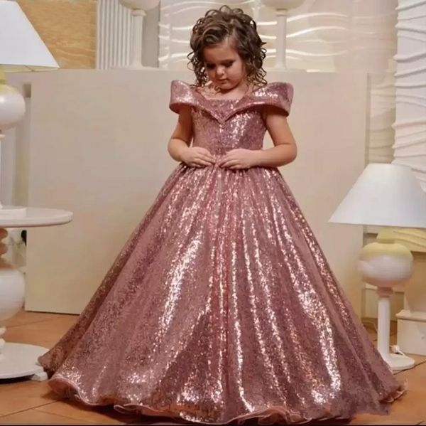 Lentejuelas de oro rosa de Año Nuevo Vestidos para niñas de flores para boda Mangas casquillo con hombros descubiertos Vestido de primera comunión Vestido de fiesta para niños Vestidos para niñas por encargo