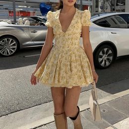 Nuevo vestido floral amarillo, profundo V sexy corto con cintura de cintura a-línea falda f58176