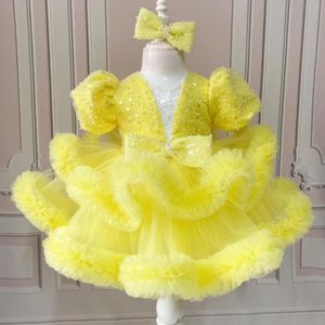 Nuevo vestido de princesa de princesa amarilla vestidos de boda plisado trajes de la primera comunión brillante vl cuello para niños pequeños vestidos de fiesta de cumpleaños de las niñas ropa de 403