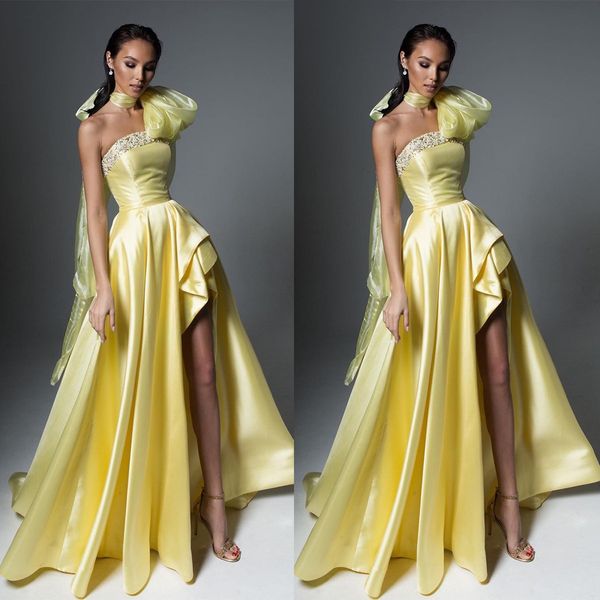 Nouveau jaune Sexy robe de soirée sans bretelles une ligne forme côté haut fendu mode élégant luxe robes de soirée de bal