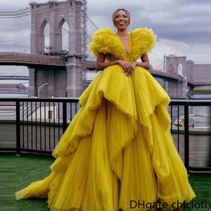 NIEUW! Yellow Tule prom jurken extra gezwollen ruches v nek fotoshoot vrouwen kleden lange vestidos de fiesta formele avondjurken