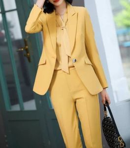 Nouveau jaune femmes costumes dame formel bureau d'affaires Tuxedos mère fête de mariage occasions spéciales dames deux pièces ensemble veste pantalon A07