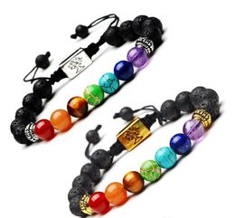 Nieuwe Yoga Handgemaakte 7 Chakra Tree of Life Charm Armbanden Lava Stones Kralen Touw Zwart Vulkanische Steen Armband Dames Mannen Armbanden