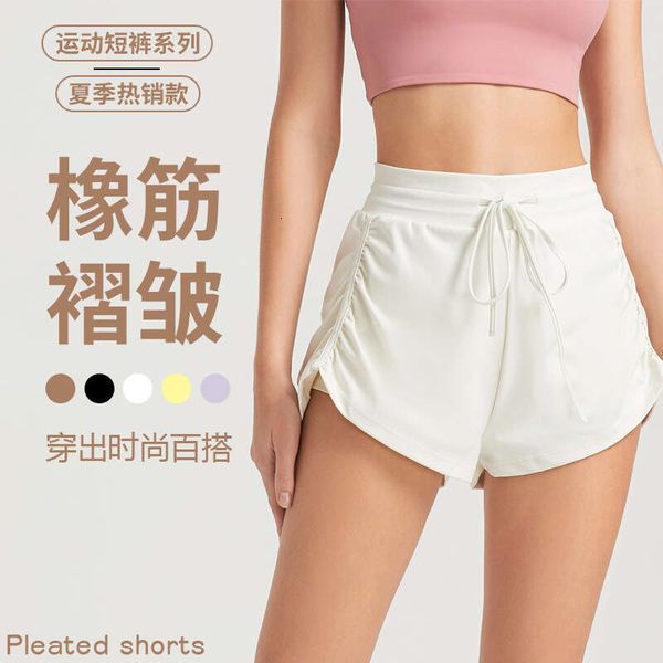 Nouveau short de sport de yoga en cours d'exécution Fiess pantalon de yoga corde latérale plissée faux deux pièces short polyvalent anti cerclage