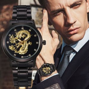 Nuevo reloj YOLAKO con diseño de dragón para hombre, relojes de cuarzo comerciales con diamantes en relieve dorado, reloj de pulsera no mecánico a la moda