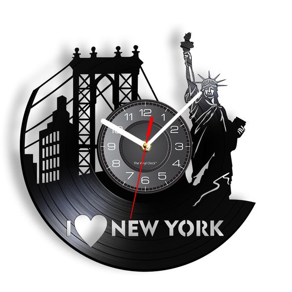 New York American City Skyline Record Wall Horloge Travel Gramophone Statue of Liberty Home Decor USA Cityscape Ny Silent Watch