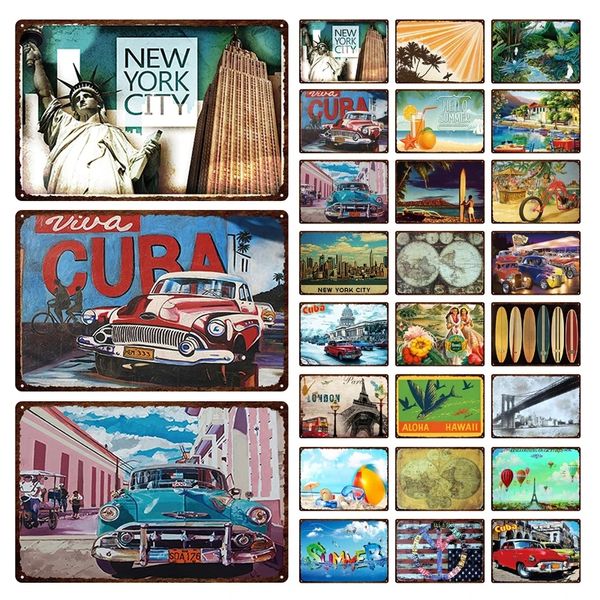 New York art peinture Londres Hawaii Cuba Ville Paysage Fer Affiche Été Bord De Mer Vacances Voyage Plaque Métallique Décorative Anti-fading Tin Sign Taille 30X20CM w02