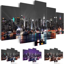 Paisaje de construcción de la ciudad de Nueva York, 5 uds., decoración de pared del hogar, lienzo con vista nocturna, póster impreso, pintura decorativa moderna sin marco