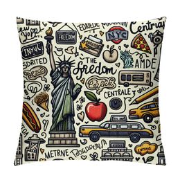 New York City Doodles Throw Pillow Cushion Cover Statue of Liberty, Broadway, Coffee, Museum, Central Park Wirew Case Decorative Square Accent Aireer 20x20 pouces