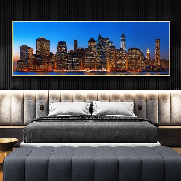 New York City Night Skyline Paisaje Pinturas Imprimir en lienzo Arte Pósteres Pósters y Prints Manhattan Ver fotos de arte Decoración del hogar