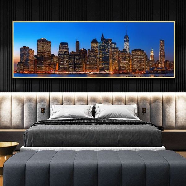 Pinturas de paisaje del horizonte nocturno de la ciudad de Nueva York, impresiones en lienzo, carteles e impresiones artísticos, vista de Manhattan, imágenes artísticas, decoración del hogar, 255g