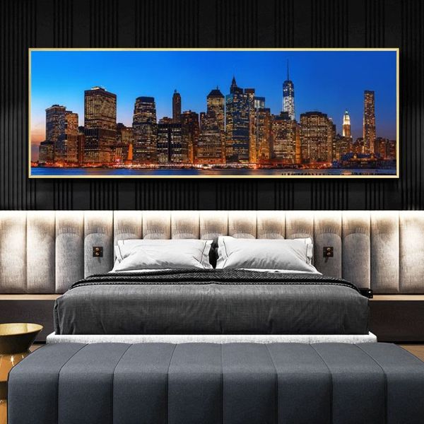 Pinturas de paisaje del horizonte nocturno de la ciudad de Nueva York, impresiones en lienzo, carteles artísticos e impresiones, imágenes artísticas de vista de Manhattan, decoración del hogar 190a