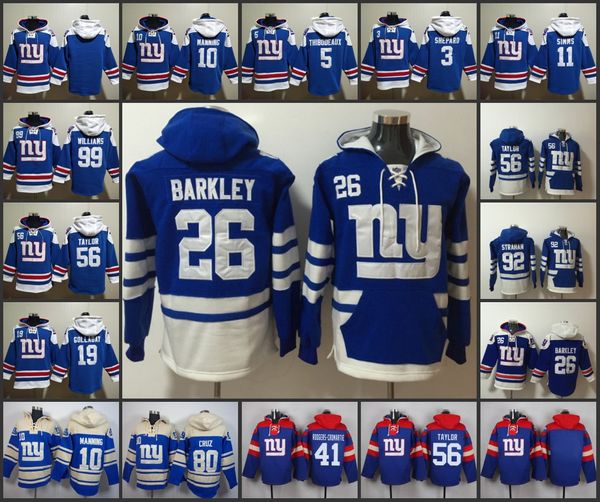 New York''Giants''Men 26 Saquon Barkley 10 Eli Manning 56 Lawrence Taylor Custom Blue Ageless Must-Have Pull à capuche à lacets