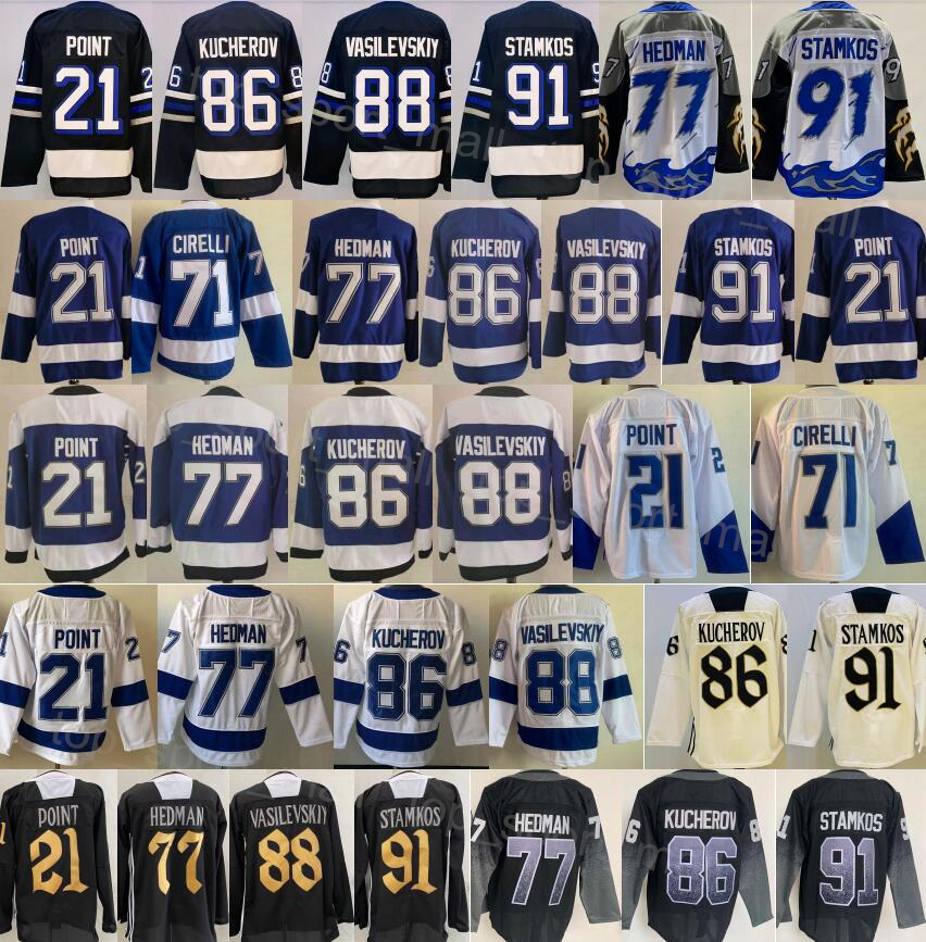 Men 2024 Alternate Hockey 91 Steven Stamkos Jerseys 21 Brayden Point 77 Victor Hedman 86 Nikita Kucherov 88 Andrei Vasilevskiy Reverse Retro Uniform Blue White