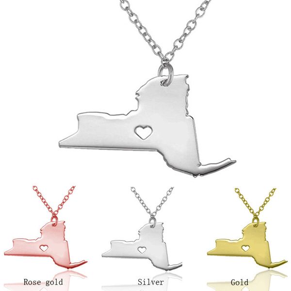 Collier pendentif en acier inoxydable avec carte de New York avec coeur d'amour USA State NY Géographie Carte Colliers Bijoux pour femmes et hommes