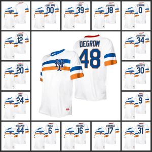 New York''Mets''Hommes Femmes Jeunes Keith Hernandez Francisco Lindor Darryl Strawberry Jacob deGrom Custom White Cooperstown Collection Maillot à col en V