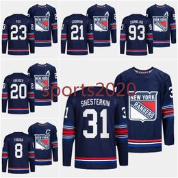 "Rangers" de New York 23 Adam Fox 2023-24 Troisième maillot de la marine 93 Mika Zibanejad 10 Artemi Panarin 31 Igor Shesterkin 79 K'Andre Miller 20 Chris Kreider 55 Ryan Lindgren