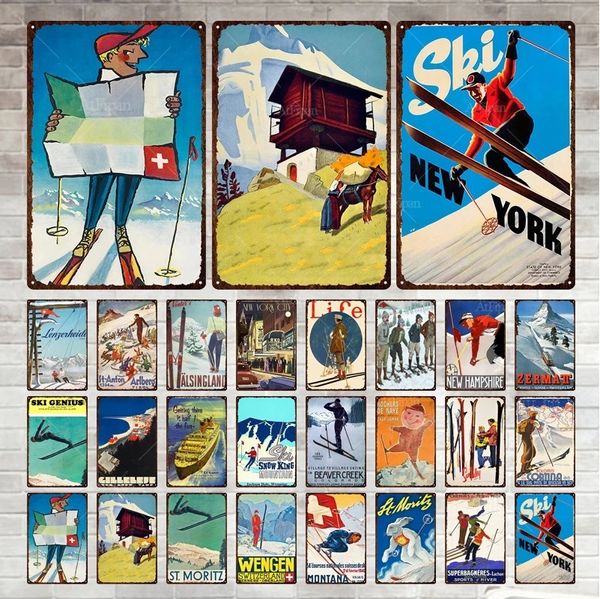 New York St Moritz Esquí Letrero de chapa de metal Esquí en invierno Placa de hojalata Pegatinas de pared Pintura de hierro Garaje Placas decorativas para el hogar Decoración artística personalizada Tamaño 30X20 CM w01