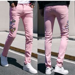Designer heren jeans geborduurd paarse hoge elasticiteit jeans dames patchwork veelzijdige slanke slanke fit hiphop broek Aziatische maten 27-38
