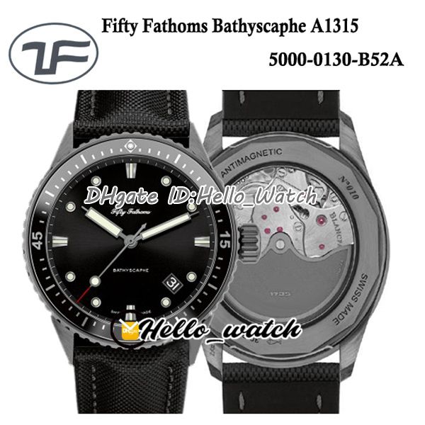 Nouveau ZF Fifty Fathoms Bathyscaphe 5000-0130-B52A Montre automatique pour homme PVD Dark Knight Cadran noir Bracelet en toile de voile 50 Fathoms Hello_Watch