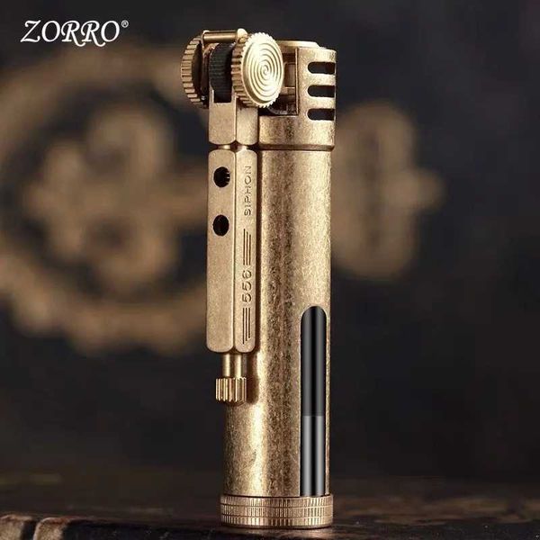 NOUVEAU ZORRO BRASS METAL RETRO Retro Transparent Tank Tank Bighter Griding Wheel Rainoved Butane Pas d'accessoires de cigares à gaz Gift Men's Gift