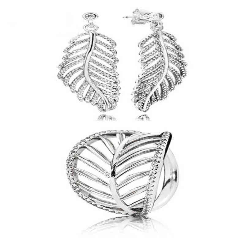 New100% 925 Sterling Silver Leaf Leaves Zircon Hollow Elegant Ring Elegant and Elegant Ear Studs Factory Outlet AA220315