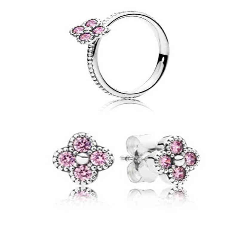 New100% 925 Sterling Silver Pink Flower Shaped Zircon Hollow Elegant Ring Female Models Elegant Noble Ring Ear Studs AA220315