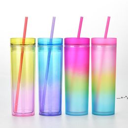 NEW16OZ Rechte Skinny Acrylic Tumbler met Lid Straw Gradiënt Kleuren 16oz Plastic Cup 480ml Double Wall Acryl Waterfles Zee Way EWF60