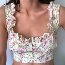 NewAsia Boned Corset Tops Women Summer Floral Crop Top Square Collar Ruffles Tank Top Front Single-breasted Back Zipped Cropped 210308