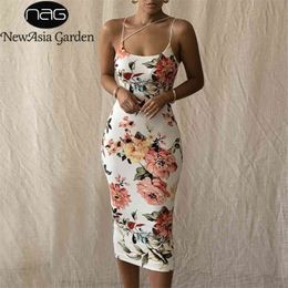 Vestido midi de Nuevaasia Floral Mujeres Sexy Spaghetti Straps Backless Bodycon Party Vestidos Verano Slim Fit Imprimir Vestido largo Nuevo 210409