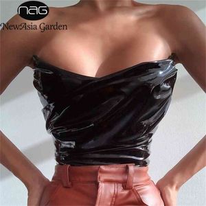 Asia Leather Corset Top 2 Laag Stretch rits Strapless Ruched Y2K Crop Top Zwart Bustier Women Party Sexy Club Outfits 210401