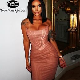 NewAsia Mesh Double Couches Sexy Désossé Corset Robe Femmes Bretelles Désossage Dos Nu Robe D'été Parti Robes Moulantes Ruché 210316