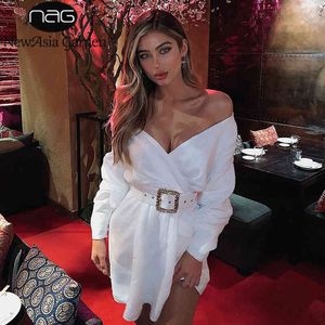 Newasia Off Shoulder Sexy Jurk Vrouwen Party Herfst Jurk Lange Puff Sleeves Ornate Riem Witte Jurken Mini Wrap Jurk Beige 210413