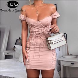 Newasia Puff Sleeve Party Robe Femme Summer Off épaule Sexy Bodycon Robe CORSET Lace Up Terre Mini Robe ruched Vestido 210302