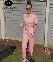 Newasia Summer Dames Loungewear Set Vintage vierkante kraag Korte Puff Sleeve Crop Top Long Pant Two Piece Set Pink Jogging Suit 3359105