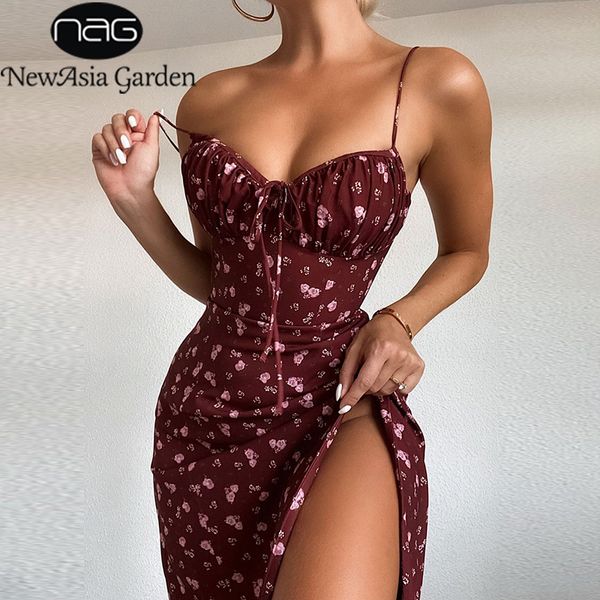 Newasia Vin Robe Florale Femmes Prairie Chic Paghetti Bretelles Dos Nu Poitrine Drapée À Lacets Côté Split Sexy Robes Longues Nouveau 210224