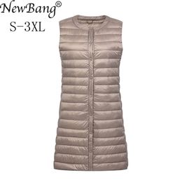 Chaleco largo de marca NewBang para mujer, chalecos ultraligeros para mujer, abrigo largo sin mangas delgado sin cuello para mujer, chaqueta 201031