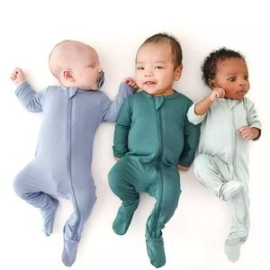 Nouveau-né bébé fibre de bambou footies combinaison solide à manches longues barboteuse body vêtements 0-24M M4275