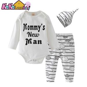 Nouveau-né bébé garçon vêtements ensemble coton lettre maman nouvel homme body hauts pantalons chapeau nuage 3pcs tenues infantile garçons vêtements ensembles G1023