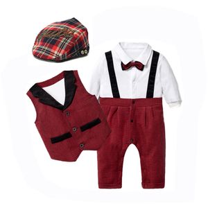 Pasgeboren babyjongen kleding sets knappe formele outfit party verjaardag nemen foto romper vest boog hoed