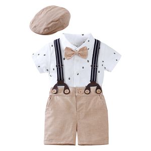 Pasgeboren Baby Boy Gentleman Outfit Kleding Jumpsuits Katoen Zomer Bodysuit Bib Korte Broek Hoed 3 STUKS Pak