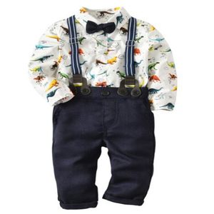 Pasgeboren baby jongens kleding set dinosaurussen print lange mouw top romper + jarretelle broek + strikje kinderen baby kleding