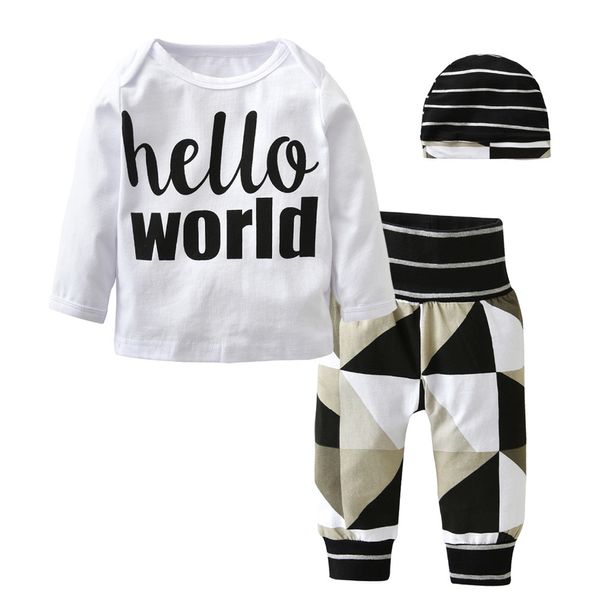 Bebé recién nacido niños niñas ropa ropa infantil conjunto lindo manga larga letra hola mundo camiseta + pantalones + sombrero trajes para niños LJ201223