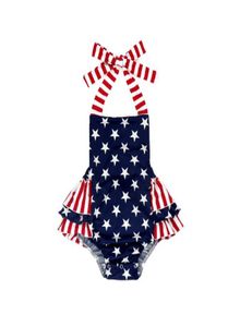 Babykleding voor pasgeborenen Amerikaanse vlag Onafhankelijkheidsdag, VS 4 juli, met sterstreep bedrukte slingrompers, katoenen jumpsuit met ruches1747441