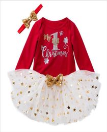 Conjuntos de ropa para bebés recién nacidos Primeros trajes navideños Estampado de letras Mameluco de manga larga Falda tutú y diadema Ropa para primera niña B6674974