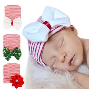 Pasgeboren baby haak boog hoeden meisje zacht breien hedging caps met grote pailletten bogen kerst winter xmas warme band katoenen cap 0-3m kbh51